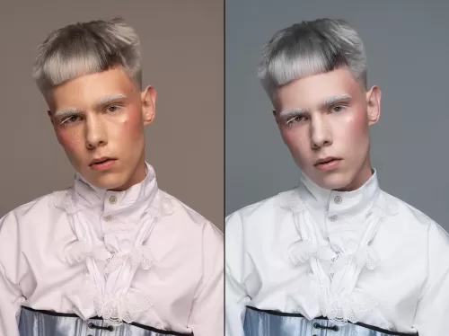 Креативный мужской портрет для бьюти съемки с акцентом на стильную прическу и необычный макияж модели